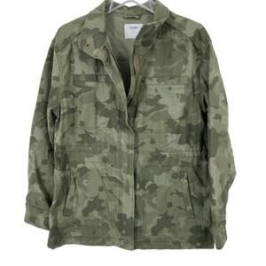Old Navy Camouflage Jacket Size S Olive Green Cinch Waist Pockets Zip Snap